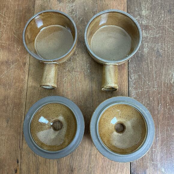 Pair VINTAGE Brown Glazed Stoneware Soup Bean Vented Lidded Tagine bowls - Picture 6 of 7